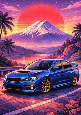 Blue Subaru WRX with Mount Fuji Sunset