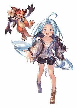 Anime girl with blue hair and a fox companion