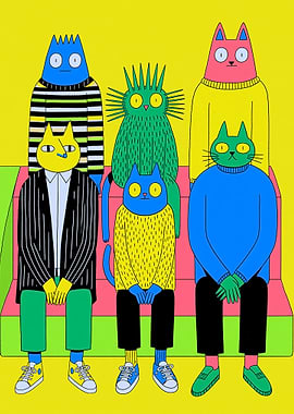 Group of Stylized Cats Sitting Together
