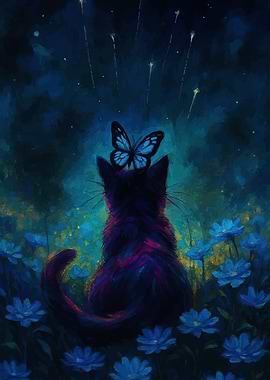 Cat with Butterfly in Flower Field