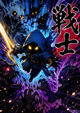 Fantasy Warrior Battling Monsters