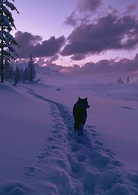 Wolf walking in snowy landscape at dusk