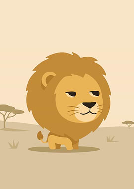 Cute Cartoon Lion in Savannah