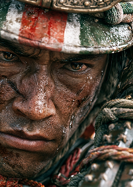 Close-up of a battle-worn samurai warrior