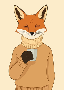 Fox in a sweater holding a mug