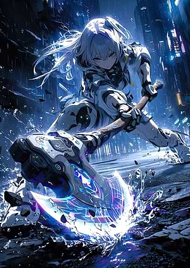 Cyberpunk Anime Warrior with Energy Axe