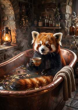 Red Panda relaxing in a bath