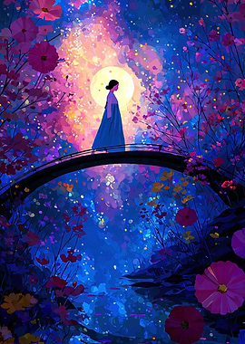 Woman on a bridge in a magical garden
