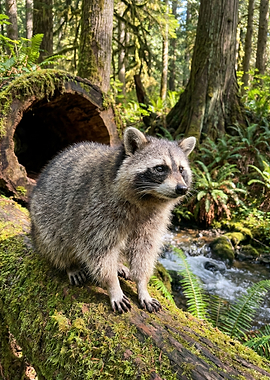 Raccoon on a mossy log by a stream