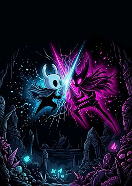 Hollow Knight vs Grimm Epic Boss Fight Neon Art