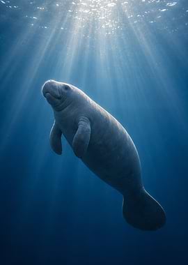 Manatee swimming in sunlit ocean