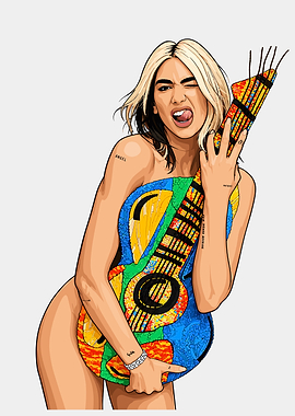 Dua Lipa with a colorful guitar