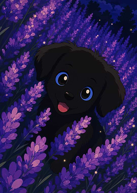 Cute black puppy in lavender field