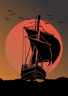 Silhouette of a ship at sunset