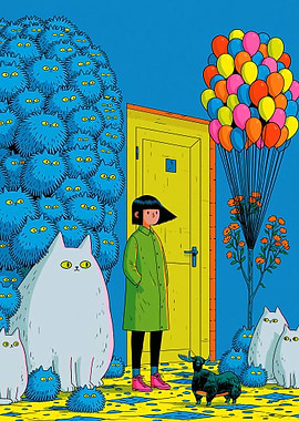 Girl with Balloons and Cats
