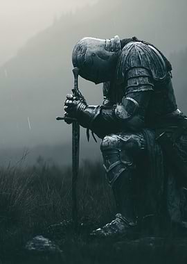 Knight Kneeling in Rain