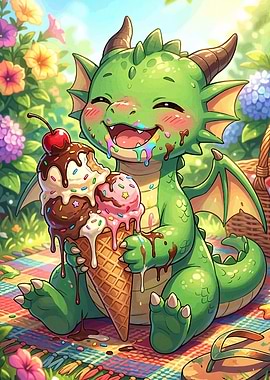 Cute Dragon Eating Ice Cream