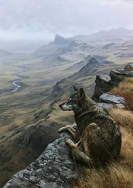 Wolf overlooking a misty valley