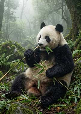 Panda eating bamboo in a misty forest