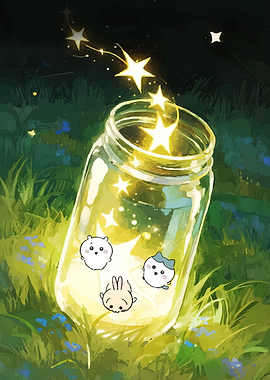 Cute characters in a jar of stars