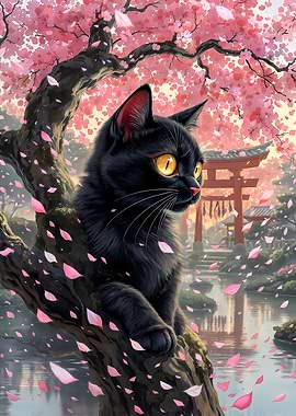 Black Cat in Cherry Blossom Tree - Japanese Garden Art