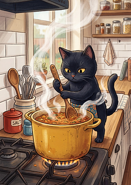 Black Cat Cooking Soup in Kitchen