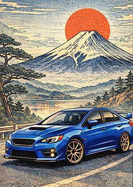 Blue Subaru WRX STI with Mount Fuji