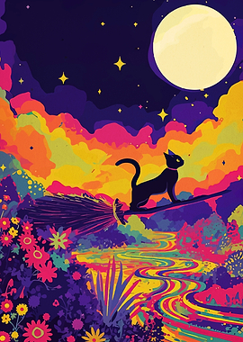 Black cat on a broomstick at night