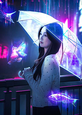 Woman with umbrella in futuristic city