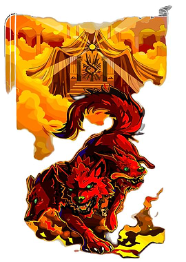 Three-headed hellhound in front of throne