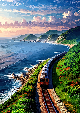 Train traveling along a scenic coastline