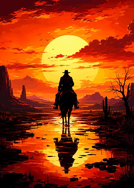 Cowboy Riding Horse at Sunset