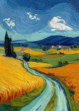 Van Gogh Style Wheat Field Landscape