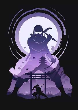 Ninja Silhouette with Japanese Landscape