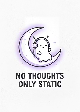 Cute Ghost on Moon with Headphones