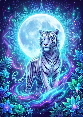 Mystical White Tiger Under the Moon