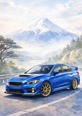 Blue Subaru WRX with Mount Fuji