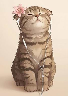 Cute Cat Listening to Music with Flower