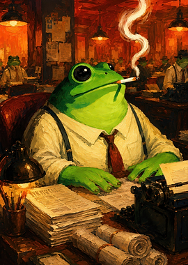 Anthropomorphic Frog Detective Smoking in Office