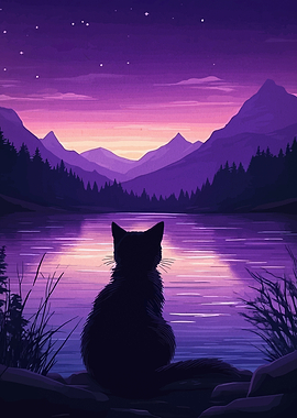 Cat Watching Sunset Over Lake