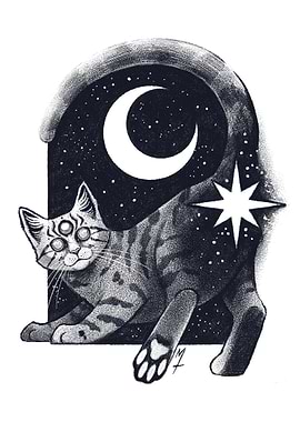 Cosmic Cat with Crescent Moon