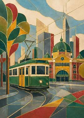 Art Deco Tram in Cityscape