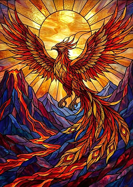 Stained Glass Phoenix Over Volcano