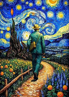 Man Walking Through Starry Night Landscape