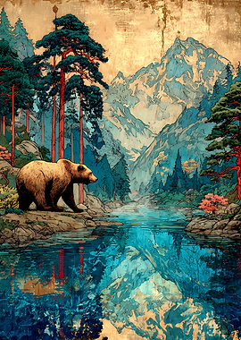 Bear by Mountain Lake vintage painting
