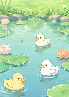 Cute Ducklings in a Rainy Pond