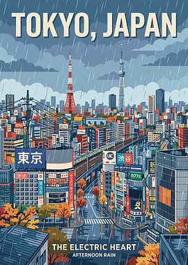 Tokyo cityscape in the rain