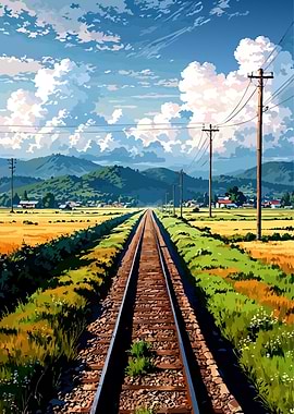 Train Tracks Through Rural Landscape