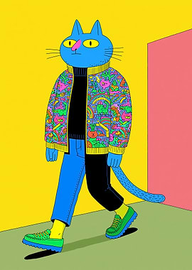 Blue Cat in Colorful Jacket Walking