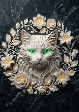 White Cat Sculpture with Flowers